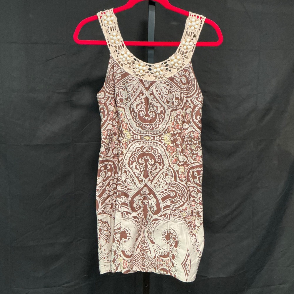 Free People Mini Dress Brown Paisley Beaded Crochet Neckline Boho Sleeveless
